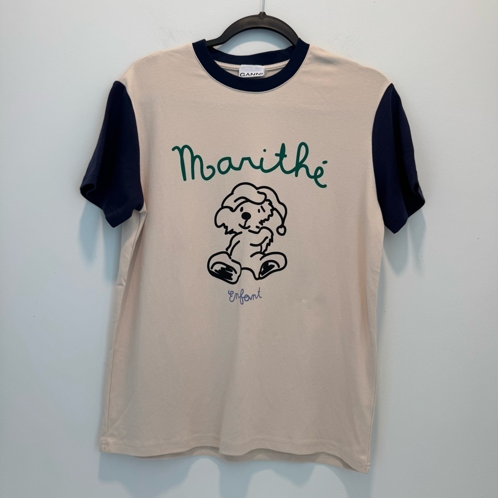 Tops Cream and Blue Short Sleeve T-Shirt